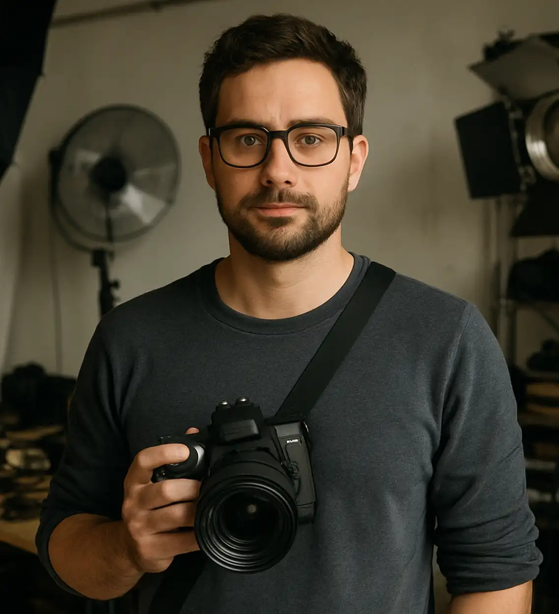 A portrait of a professional photographer holding a camera in a studio setting.